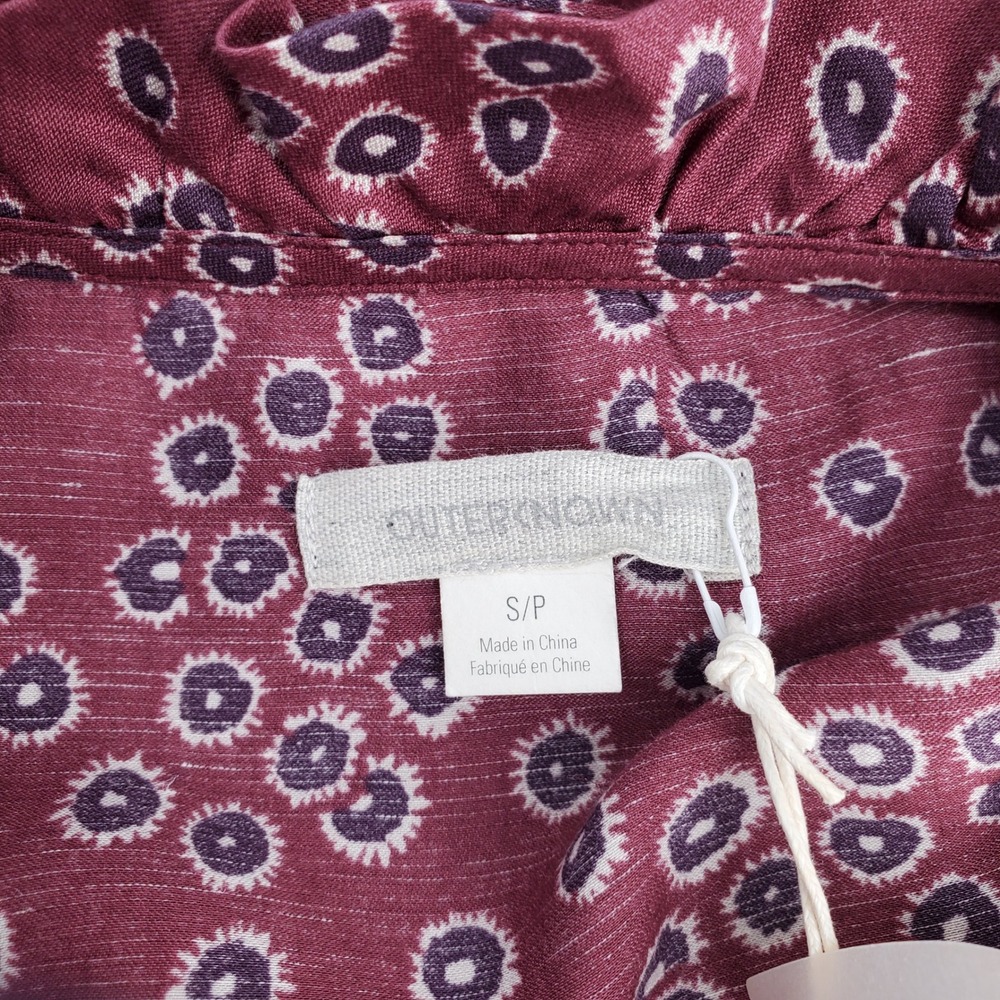 Outerknown Womens Small Maroon Geometric Organic Cotton Silk Ruffle Midi‎ Dress - Picture 4 of 8